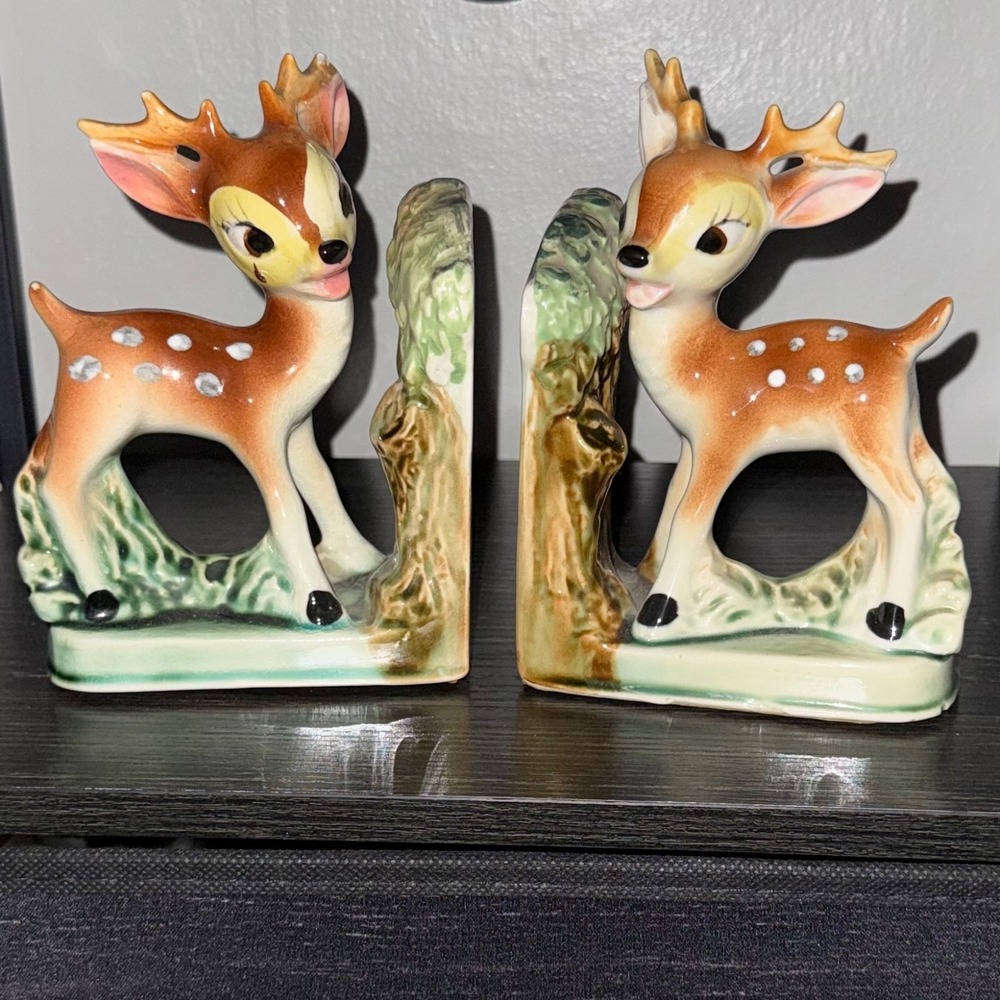 Vintage 1950's Hand Painted Japanese 6" Tall Ceramic Bambi Fawn Bookends